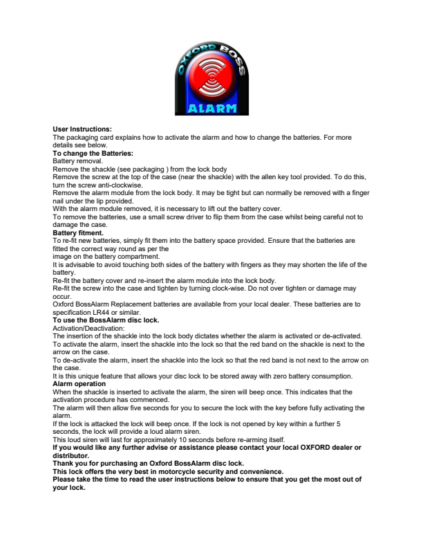 

OF3 OF4 BOSS Alarm User Instructions

